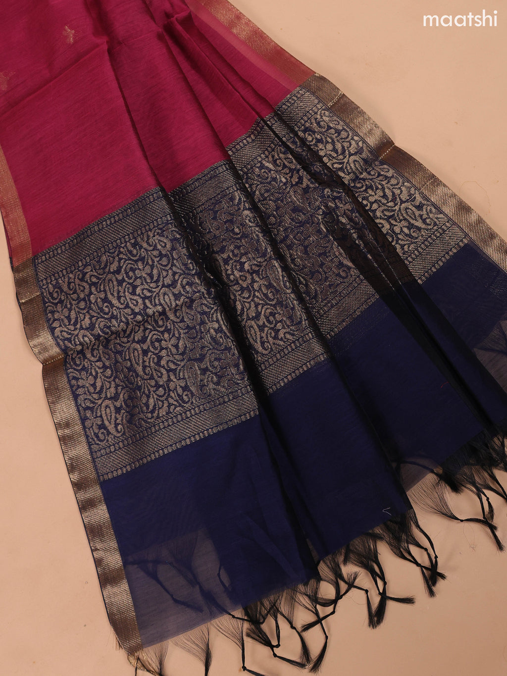 Dark Blue and Magenta Pink Semi Silk Cotton Dress Material With Zari Buttas And Bottom & Dupatta