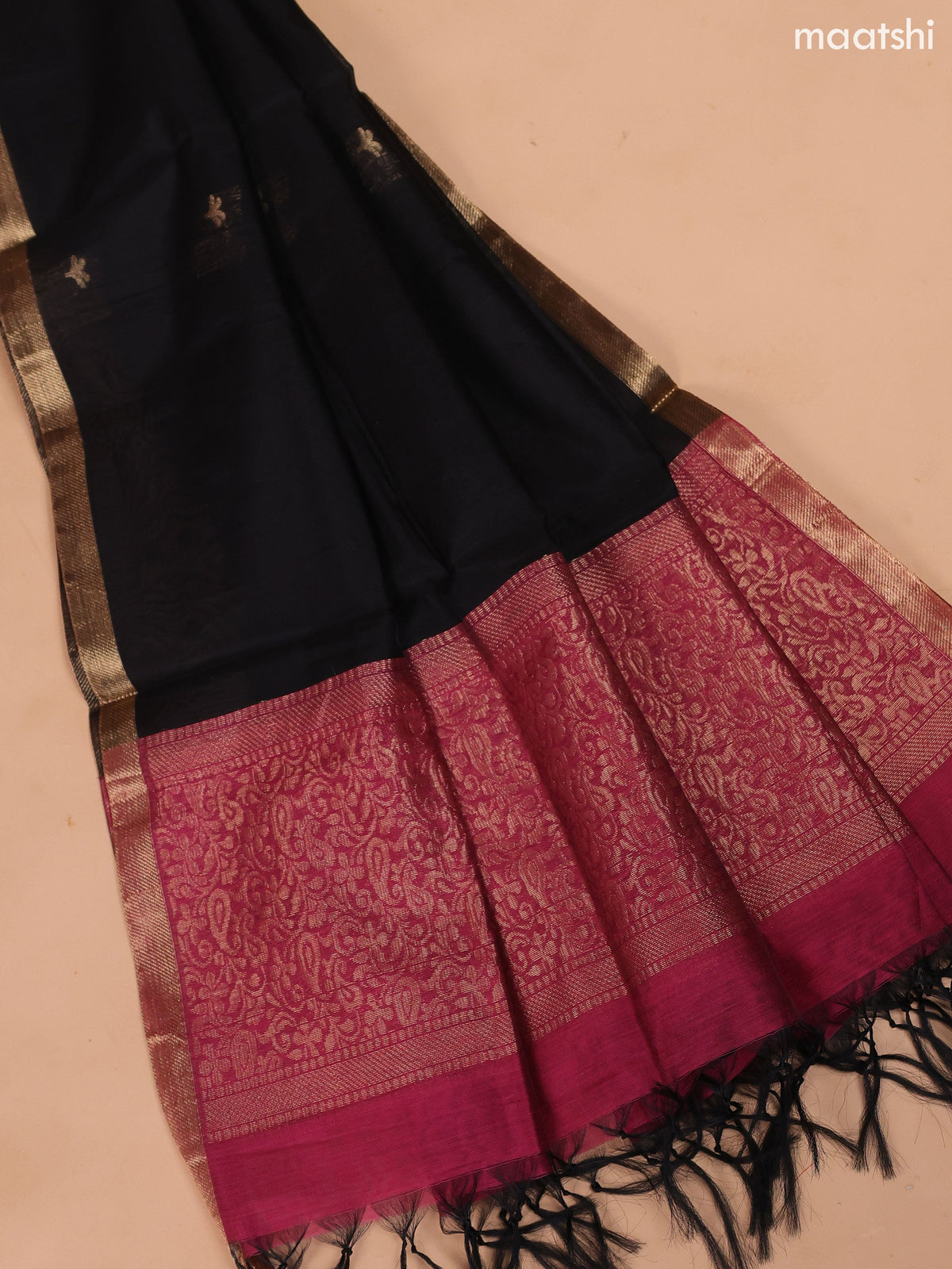 Dark Mauve Pink and Black Semi Silk Cotton Dress Material With Zari Buttas and Bottom & Dupatta