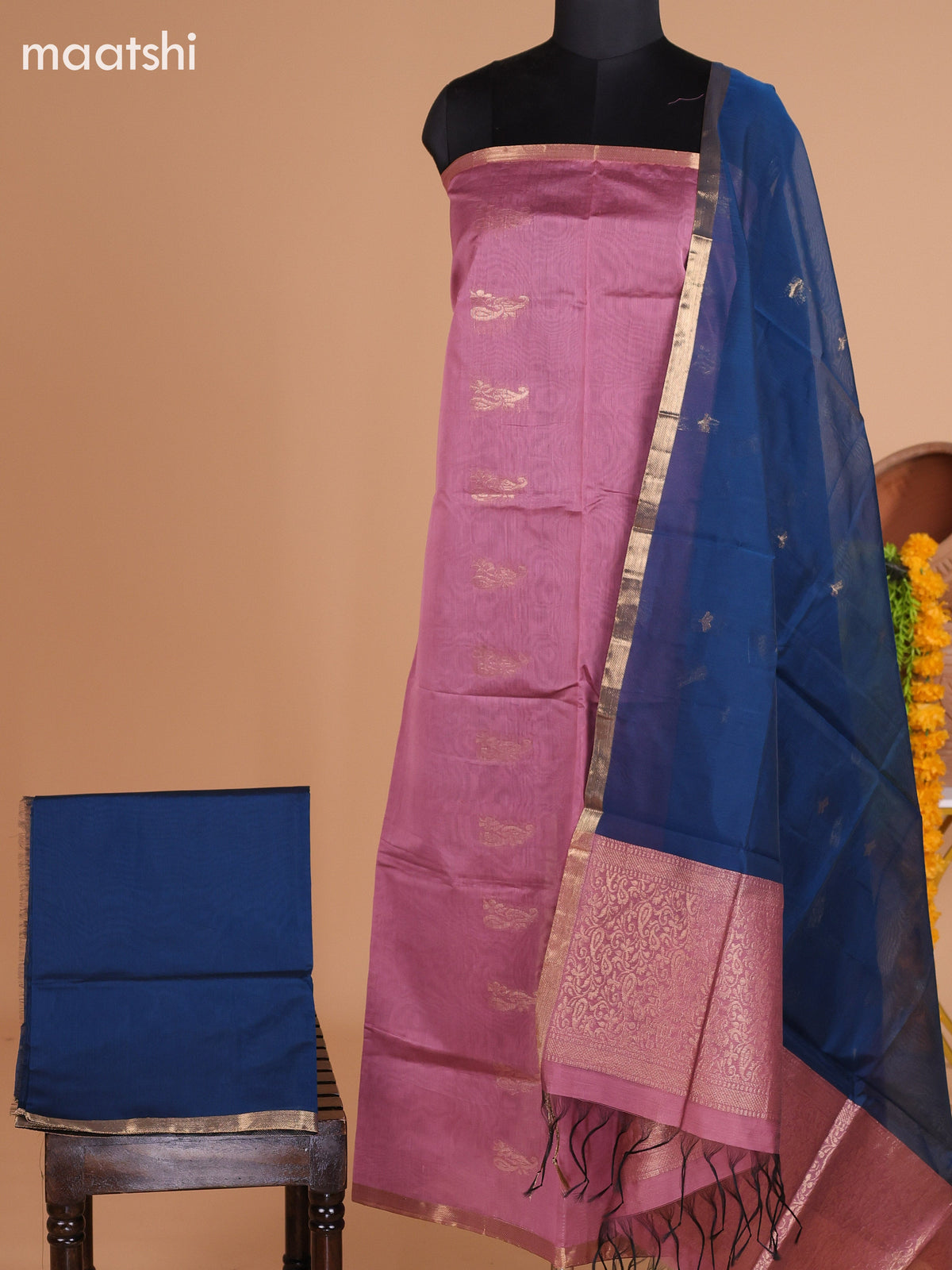 Mauve Pink and Peacock Blue Semi Silk Cotton Dress Material With Zari Buttas And Bottom & Dupatta