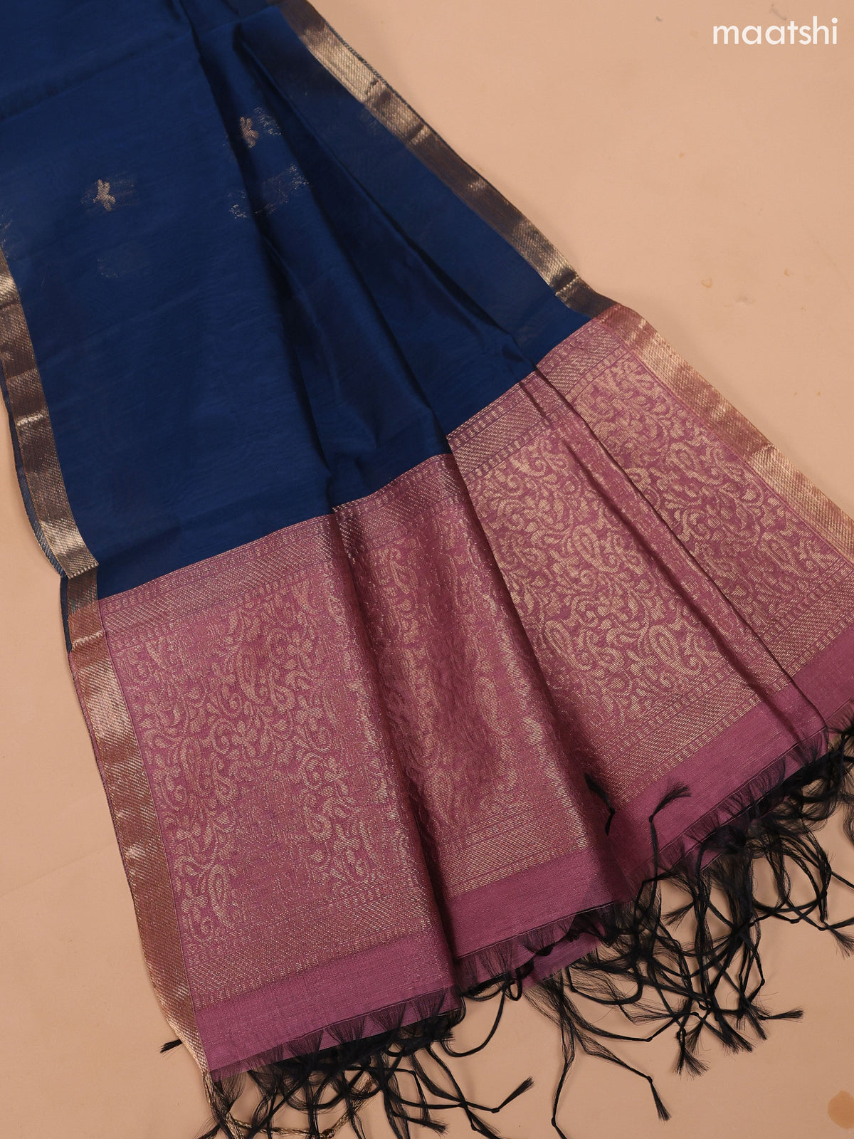 Mauve Pink and Peacock Blue Semi Silk Cotton Dress Material With Zari Buttas And Bottom & Dupatta