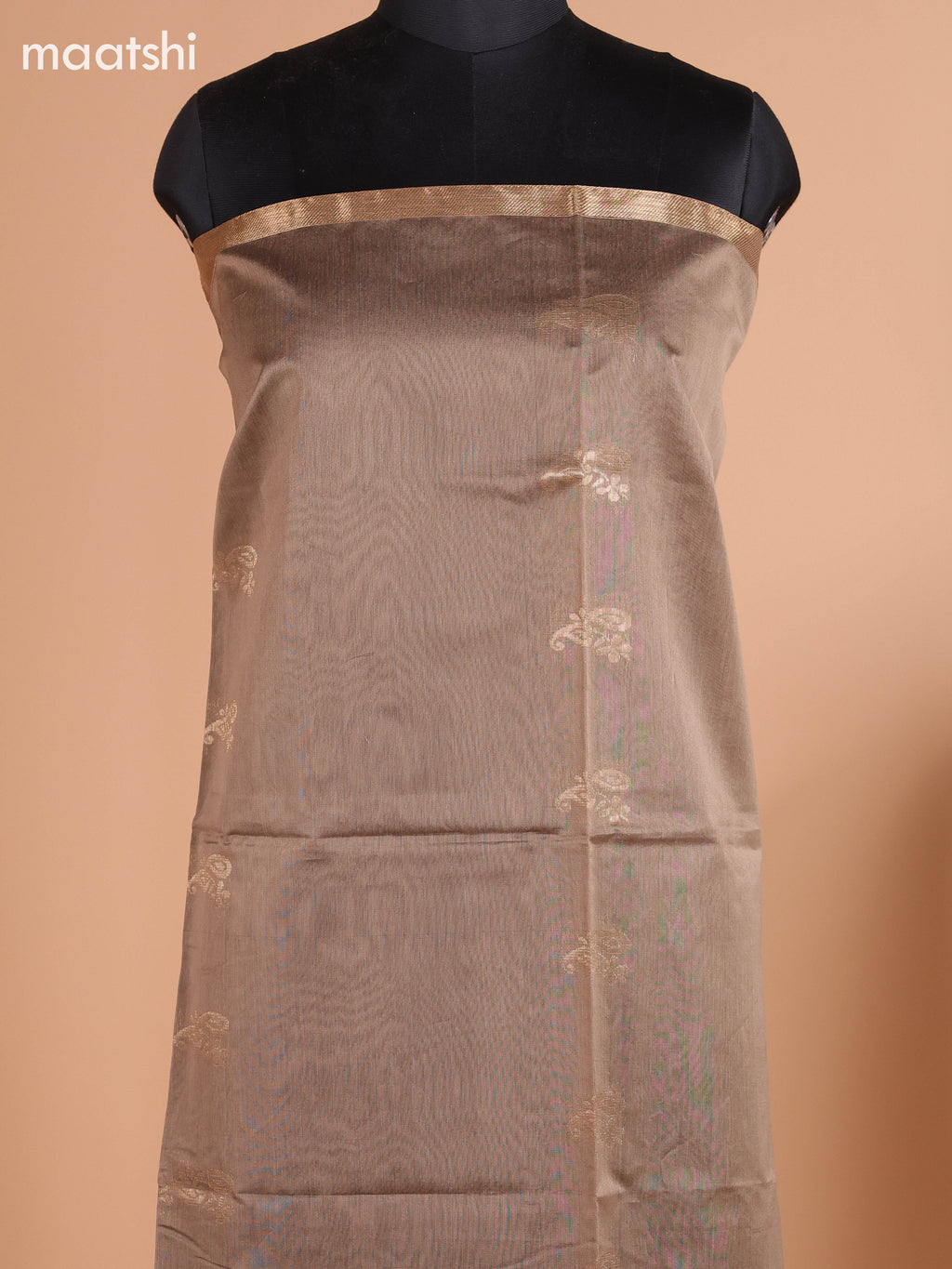 Pastel Brown and Magenta Pink Semi Silk Cotton Dress Material With Zari Buttas And Bottom & Dupatta