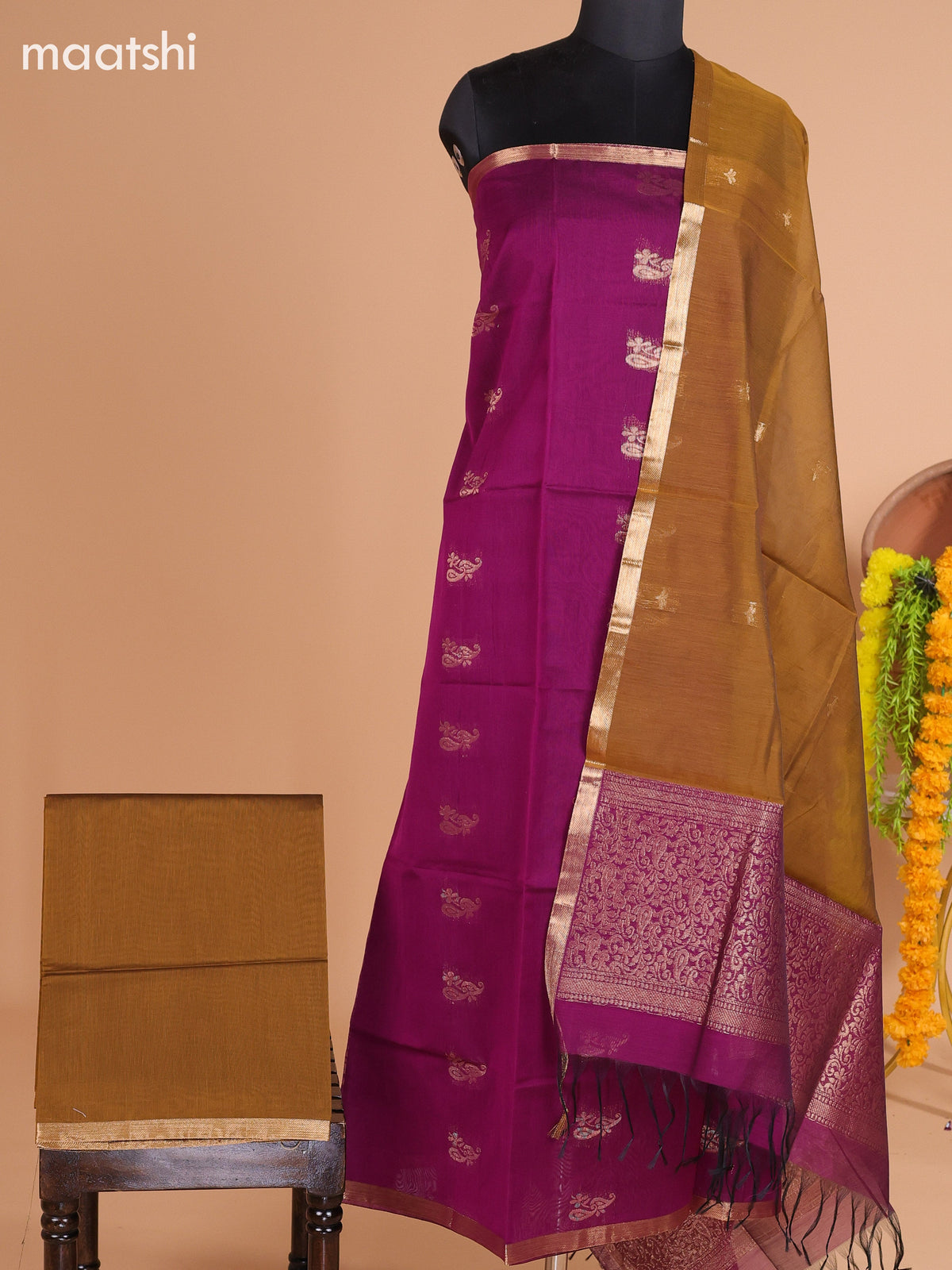 Purple and Dark Mustard Yellow Semi Silk Cotton Dress Material With Zari Buttas And Bottom & Dupatta