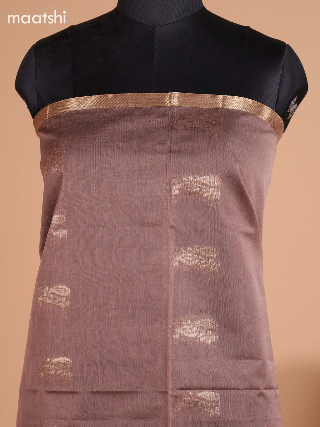 Pastel Brown and Black Semi Silk Cotton Dress Material With Zari Buttas And Bottom & Dupatta