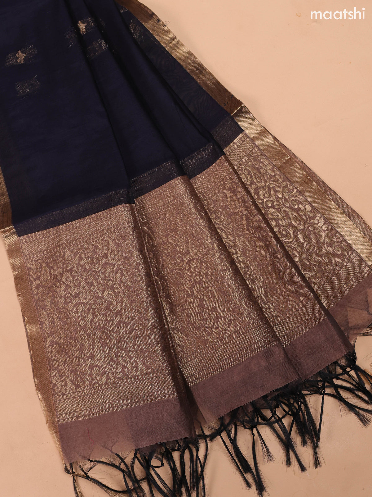 Pastel Brown and Black Semi Silk Cotton Dress Material With Zari Buttas And Bottom & Dupatta