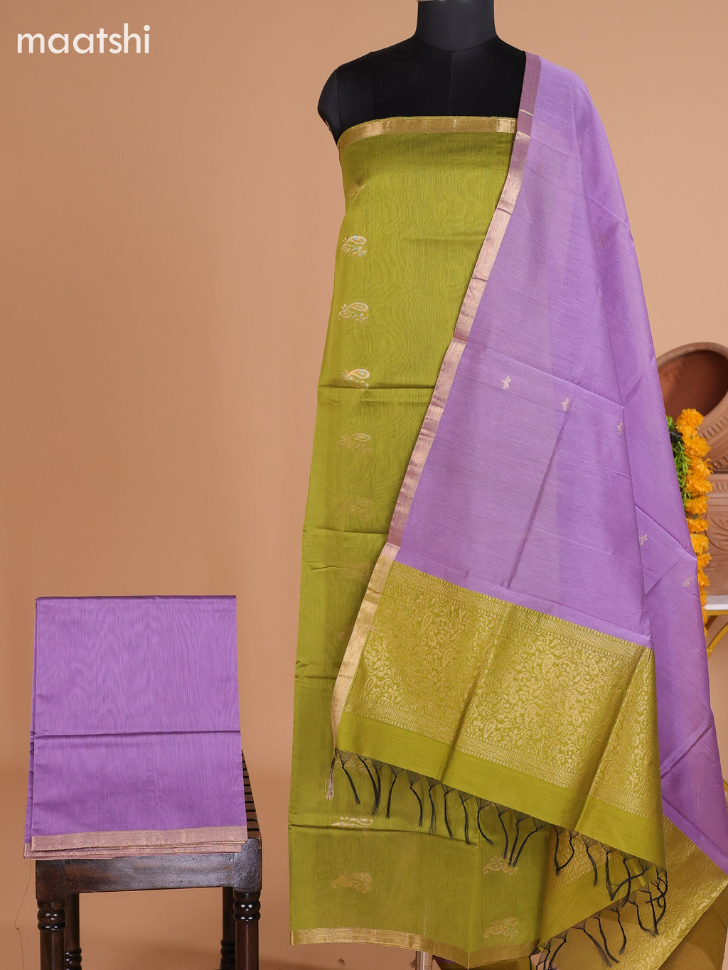 Mehendi Green and Lavender Semi Silk Cotton Dress Material With Zari Buttas And Bottom & Dupatta