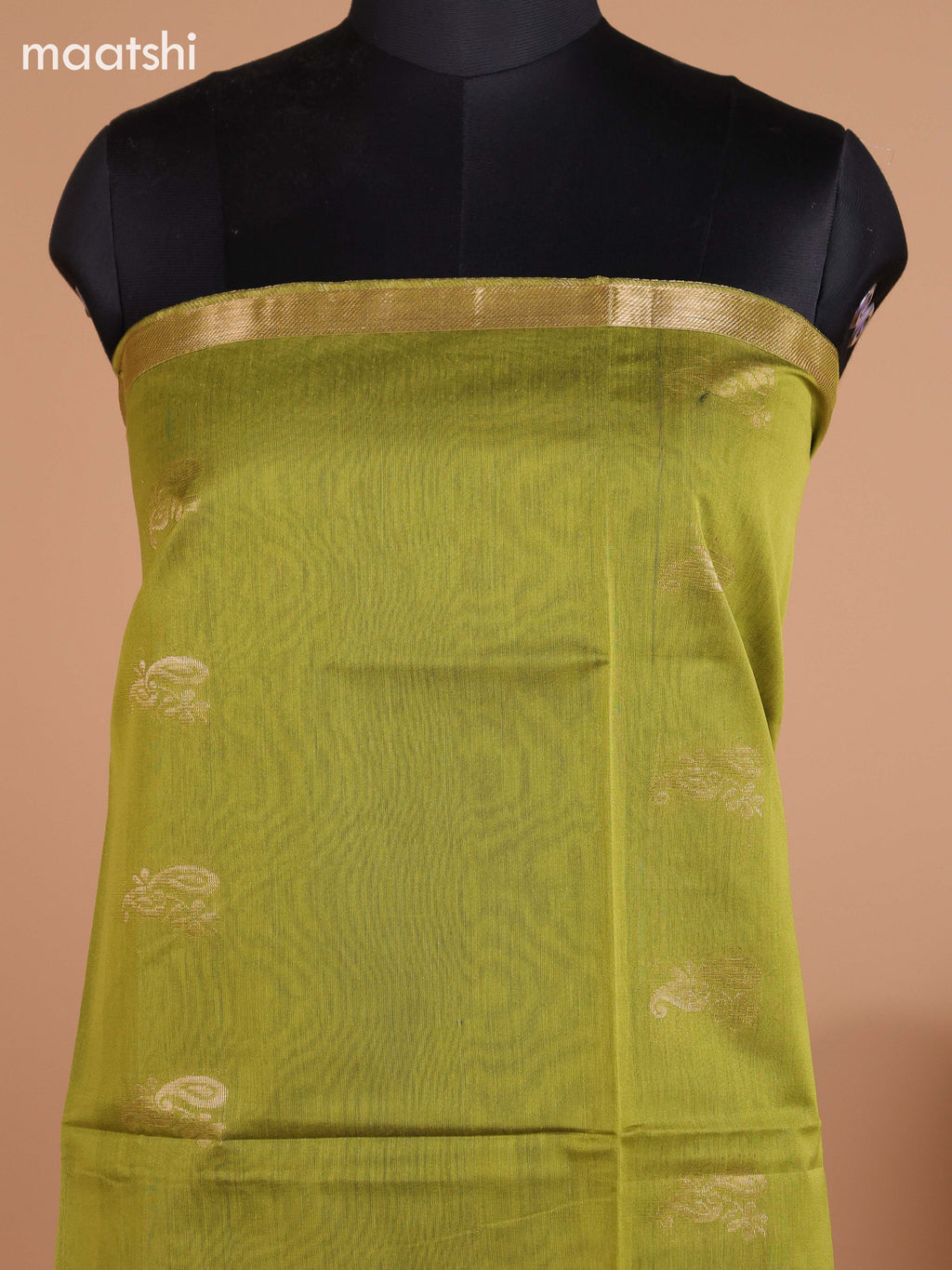 Mehendi Green and Lavender Semi Silk Cotton Dress Material With Zari Buttas And Bottom & Dupatta