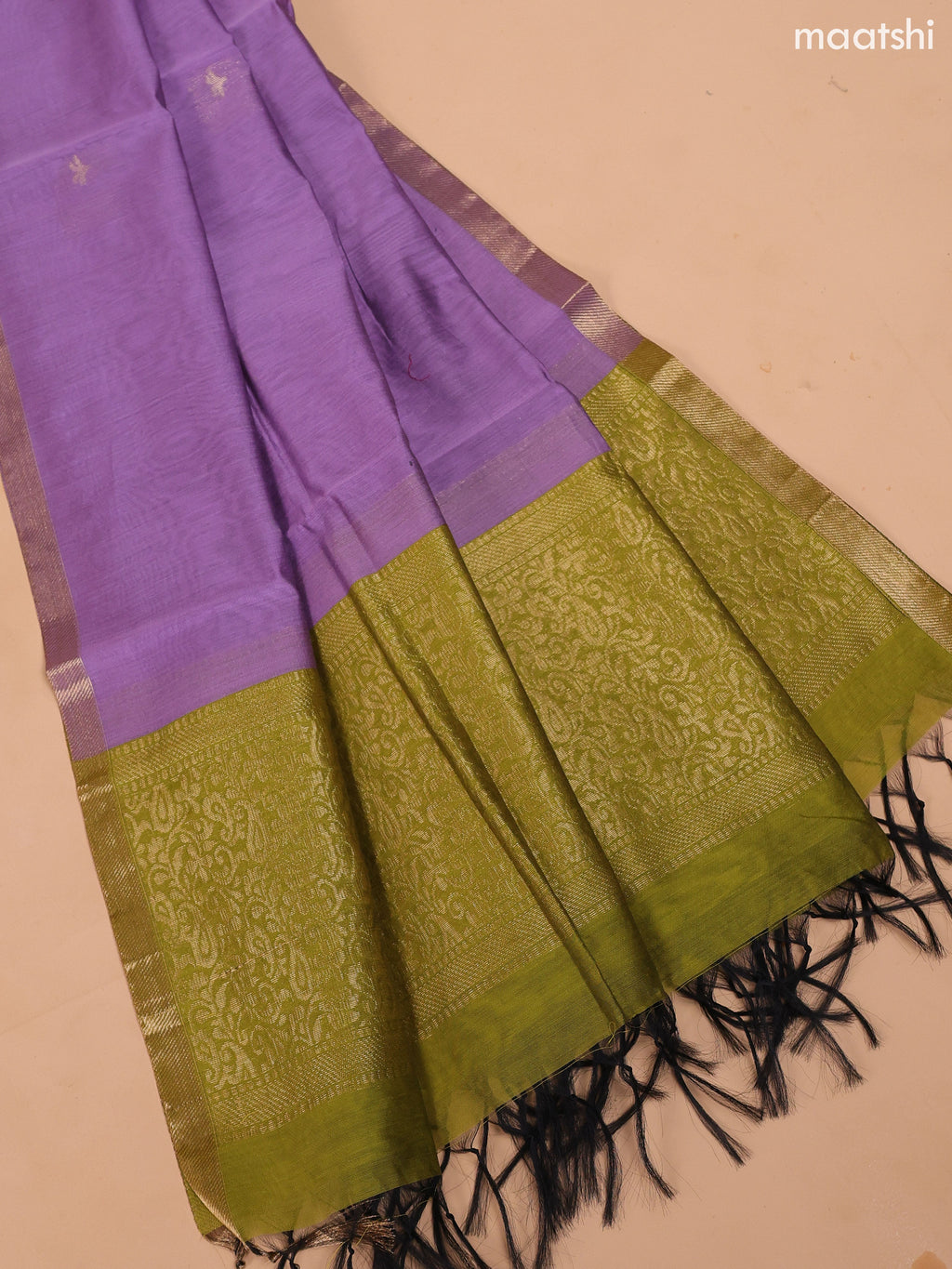 Mehendi Green and Lavender Semi Silk Cotton Dress Material With Zari Buttas And Bottom & Dupatta