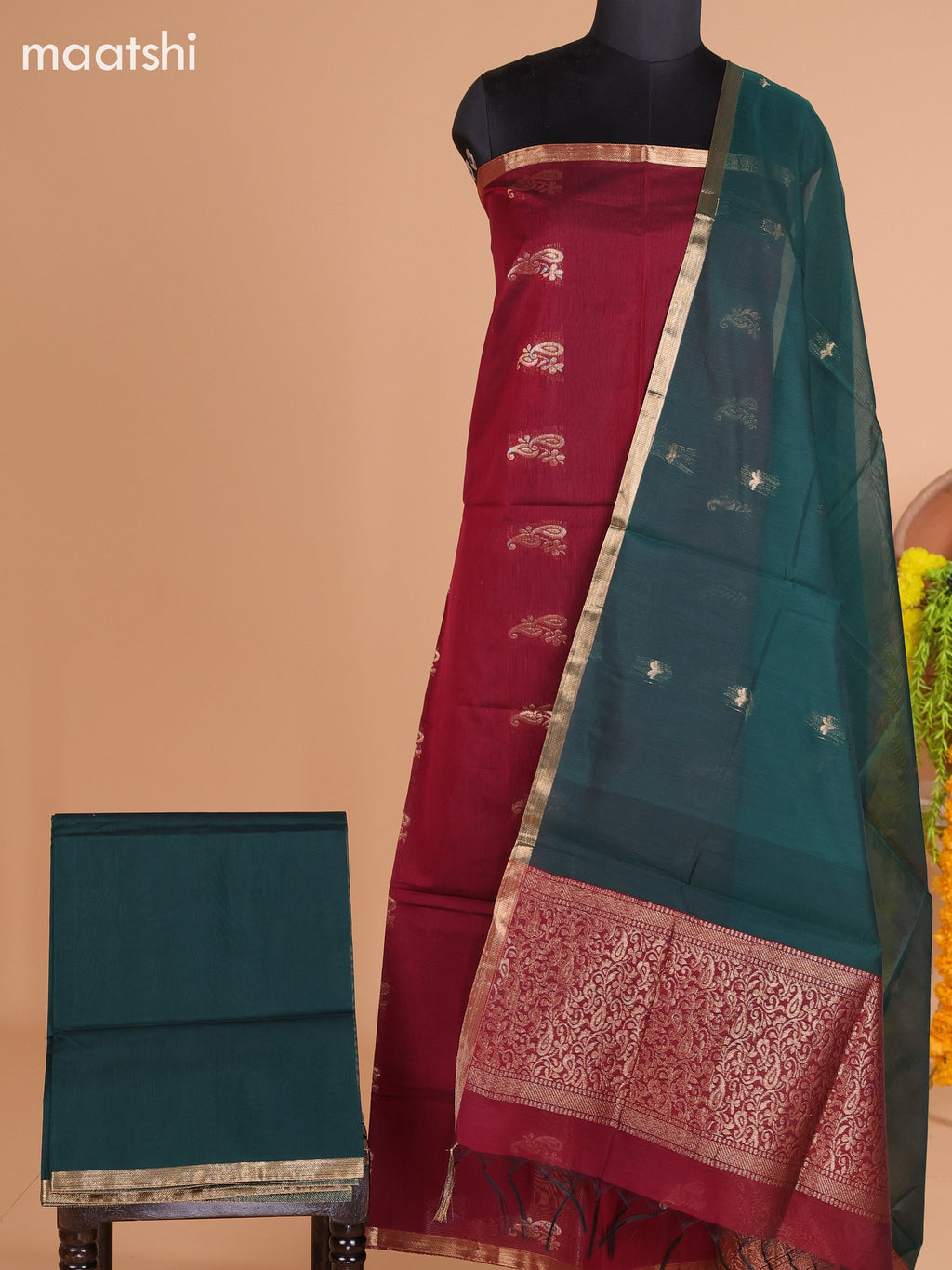 Maroon and Dark Green Semi Silk Cotton Dress Material With Zari Buttas and Bottom & Dupatta
