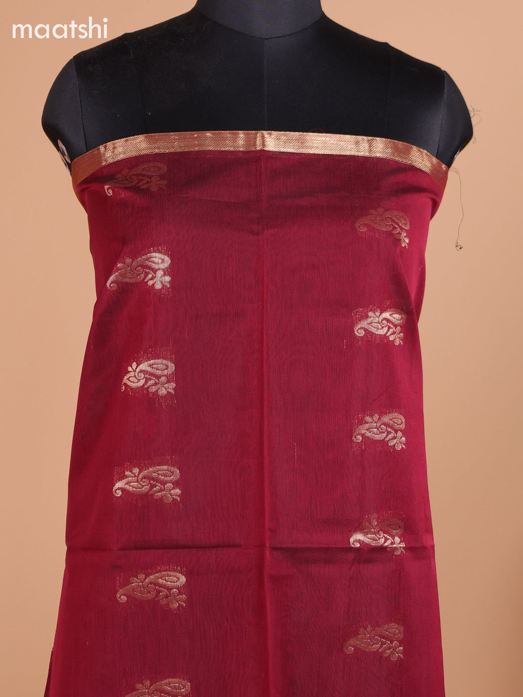 Maroon and Dark Green Semi Silk Cotton Dress Material With Zari Buttas and Bottom & Dupatta