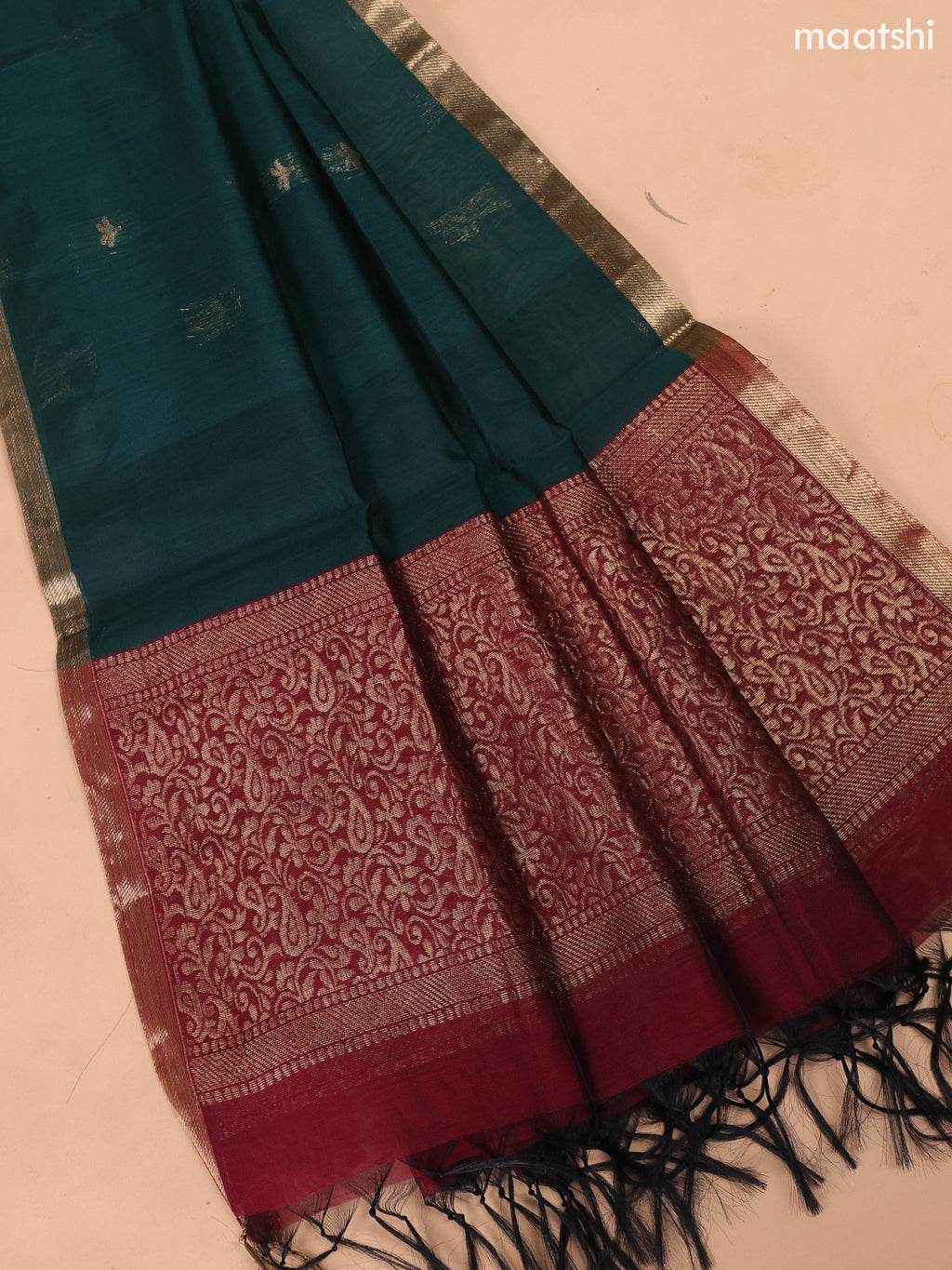 Maroon and Dark Green Semi Silk Cotton Dress Material With Zari Buttas and Bottom & Dupatta