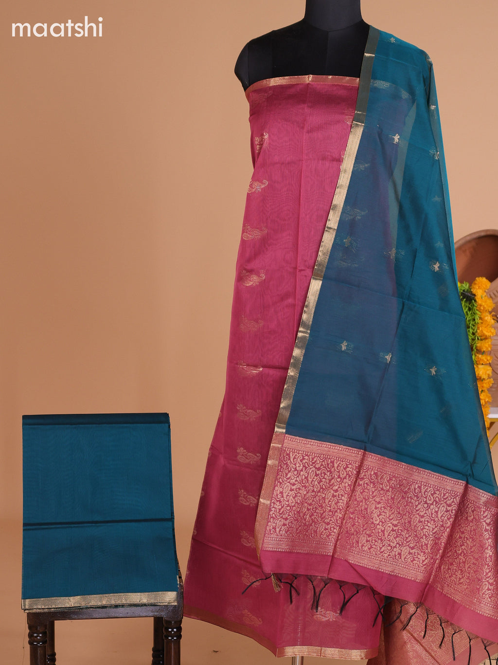Dark Mauve Pink and Peacock Green Semi Silk Cotton Dress Material With Zari Buttas and Bottom & Dupatta
