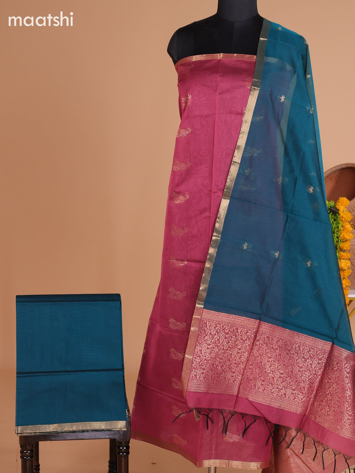 Dark Mauve Pink and Peacock Green Semi Silk Cotton Dress Material With Zari Buttas and Bottom & Dupatta