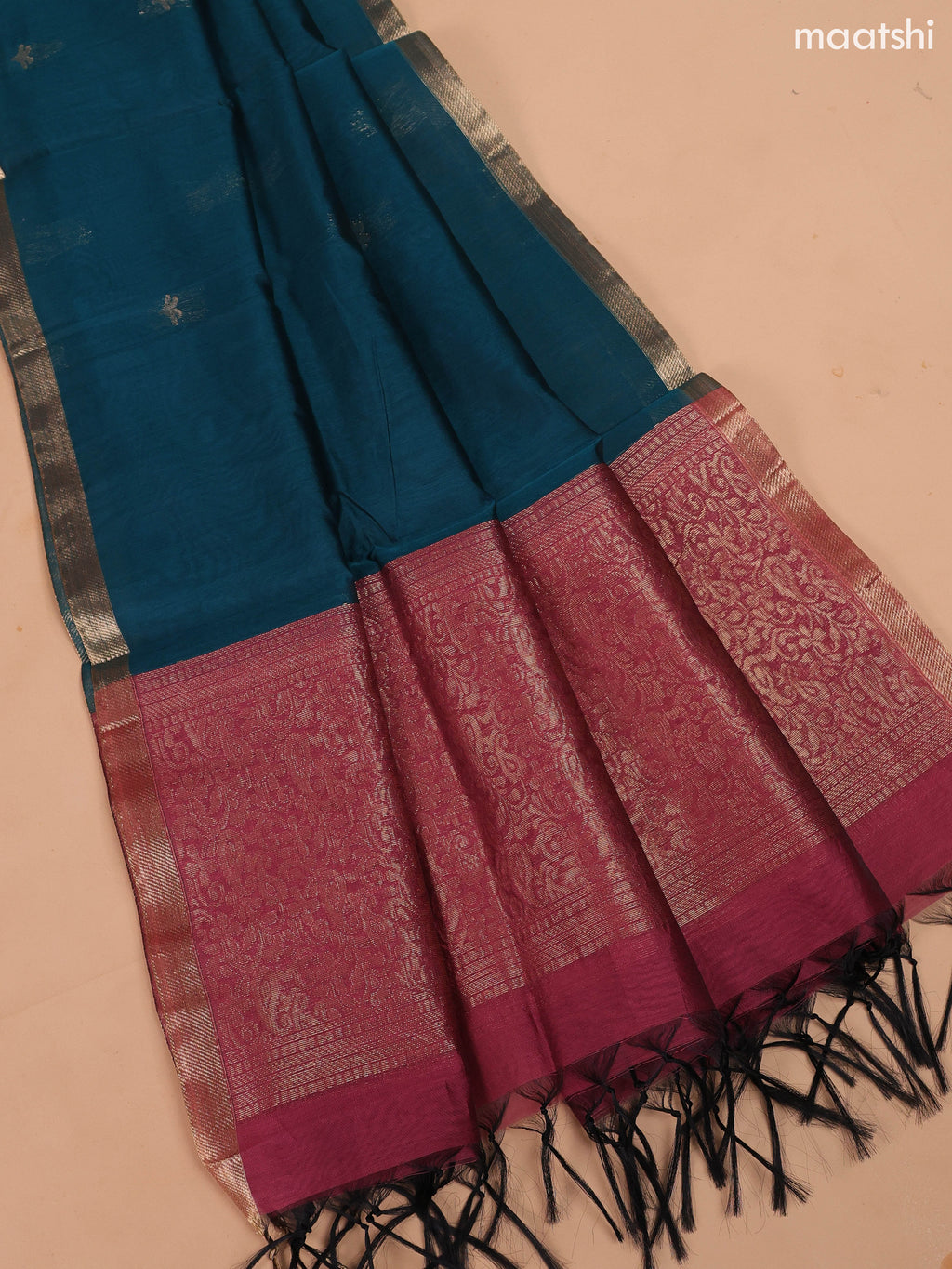Dark Mauve Pink and Peacock Green Semi Silk Cotton Dress Material With Zari Buttas and Bottom & Dupatta