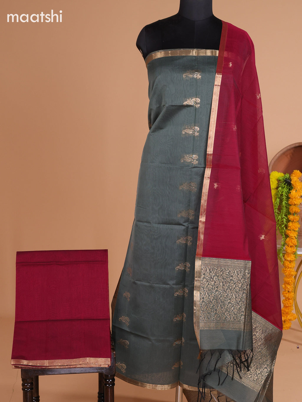 Greyish Green and Maroon Semi Silk Cotton Dress Material With Zari Buttas and Bottom & Dupatta