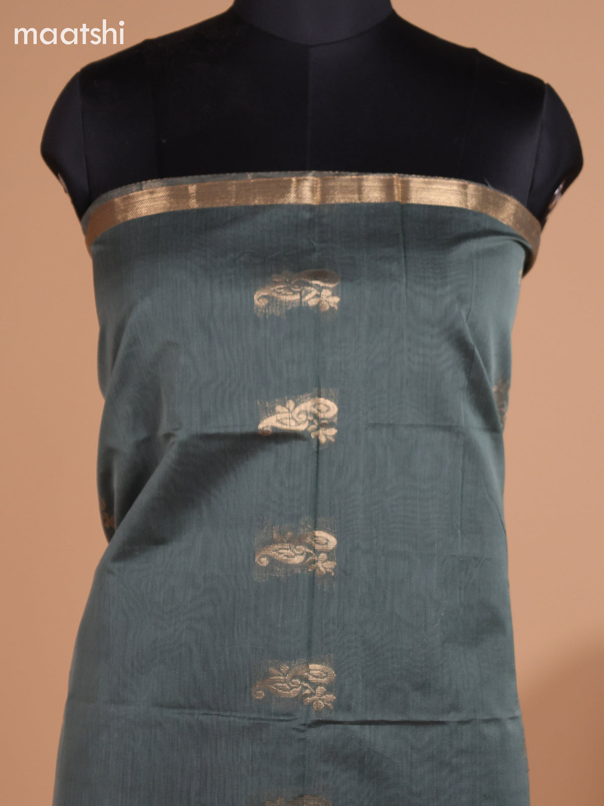Greyish Green and Maroon Semi Silk Cotton Dress Material With Zari Buttas and Bottom & Dupatta