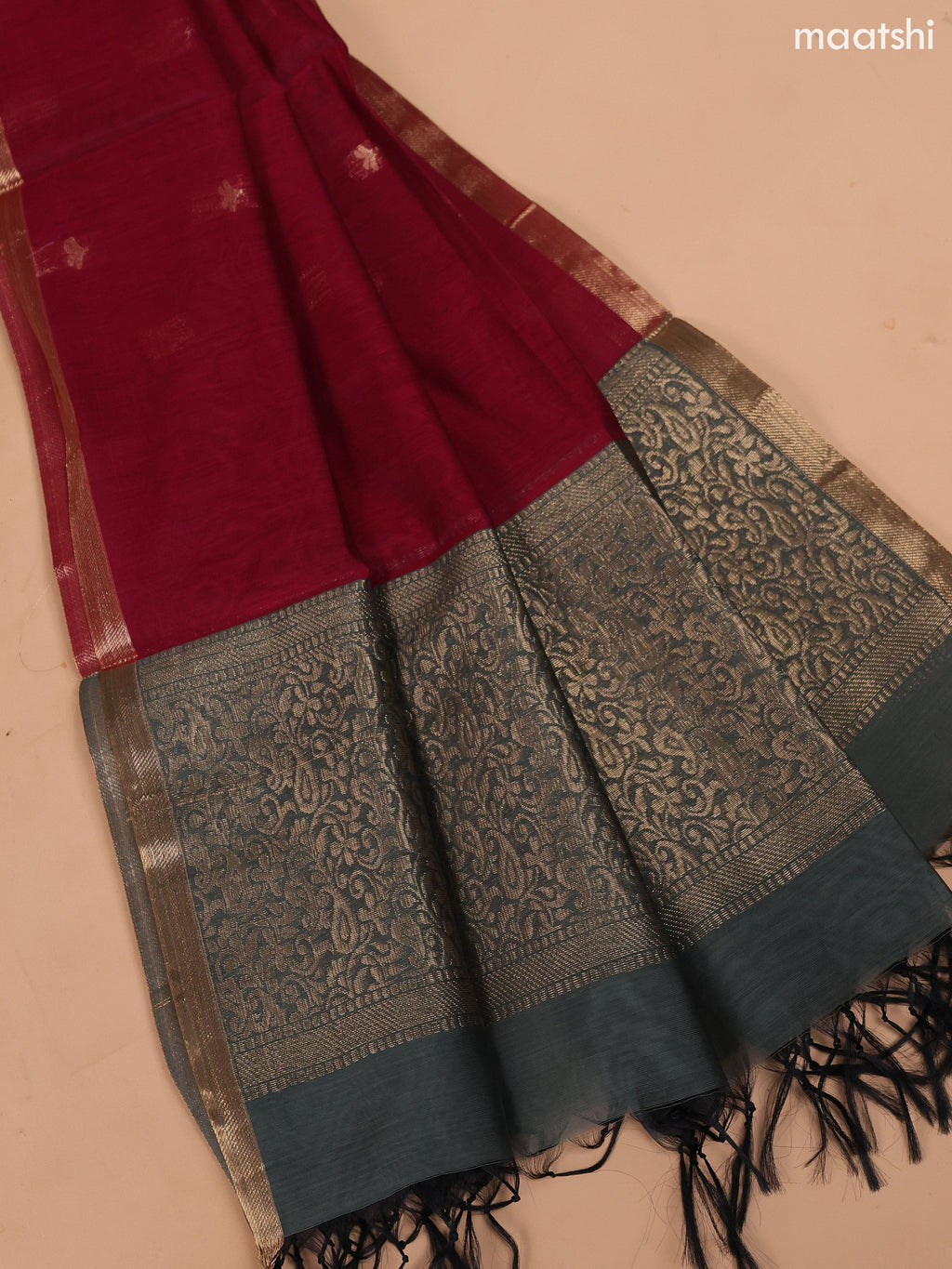 Greyish Green and Maroon Semi Silk Cotton Dress Material With Zari Buttas and Bottom & Dupatta