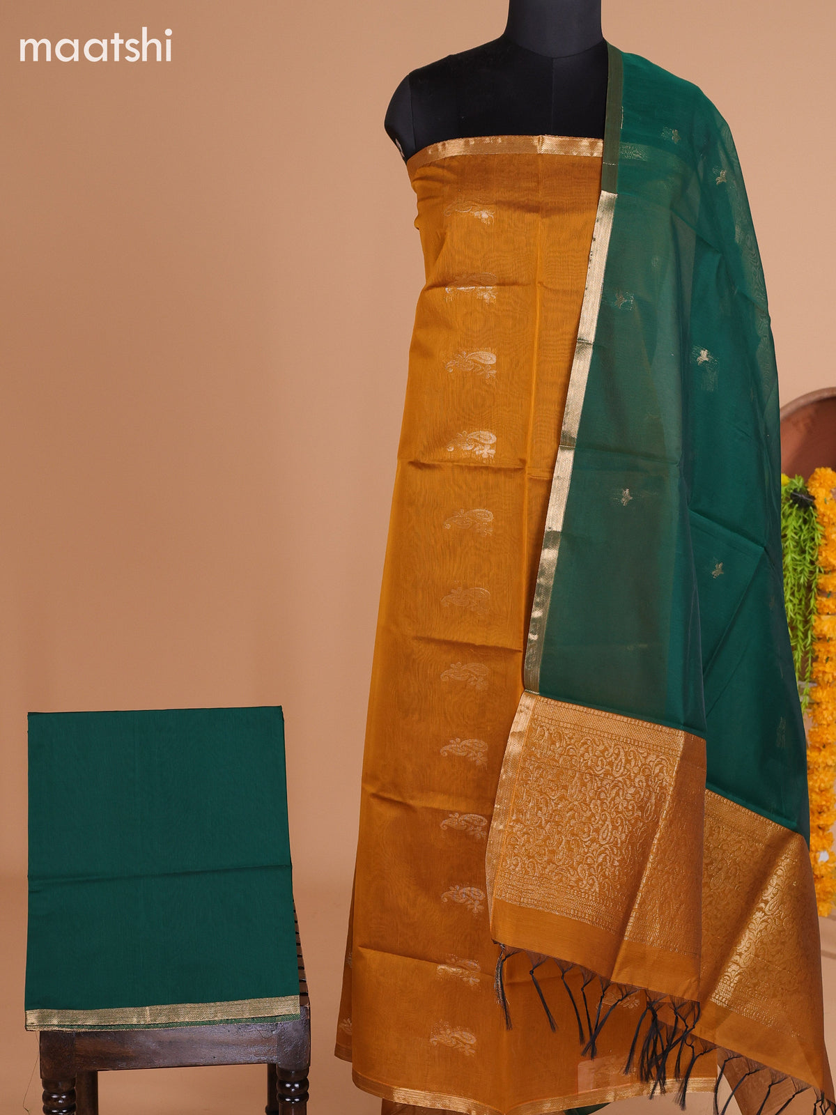 Mustard Yellow and Dark Green Semi Silk Cotton Dress Material With Zari Buttas and Bottom & Dupatta