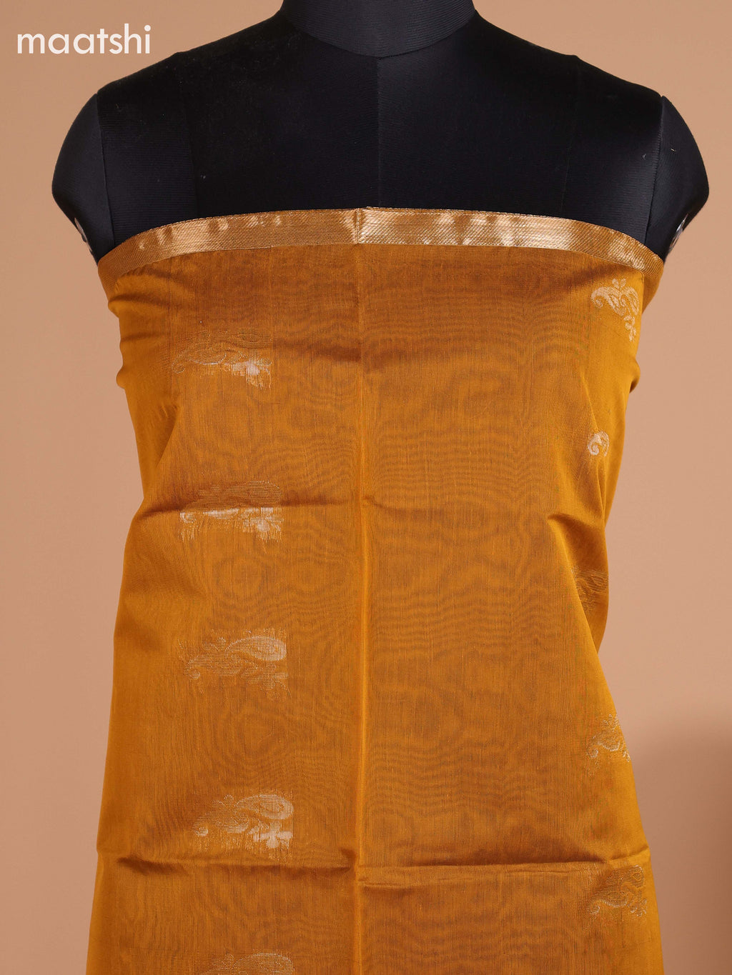 Mustard Yellow and Dark Green Semi Silk Cotton Dress Material With Zari Buttas and Bottom & Dupatta