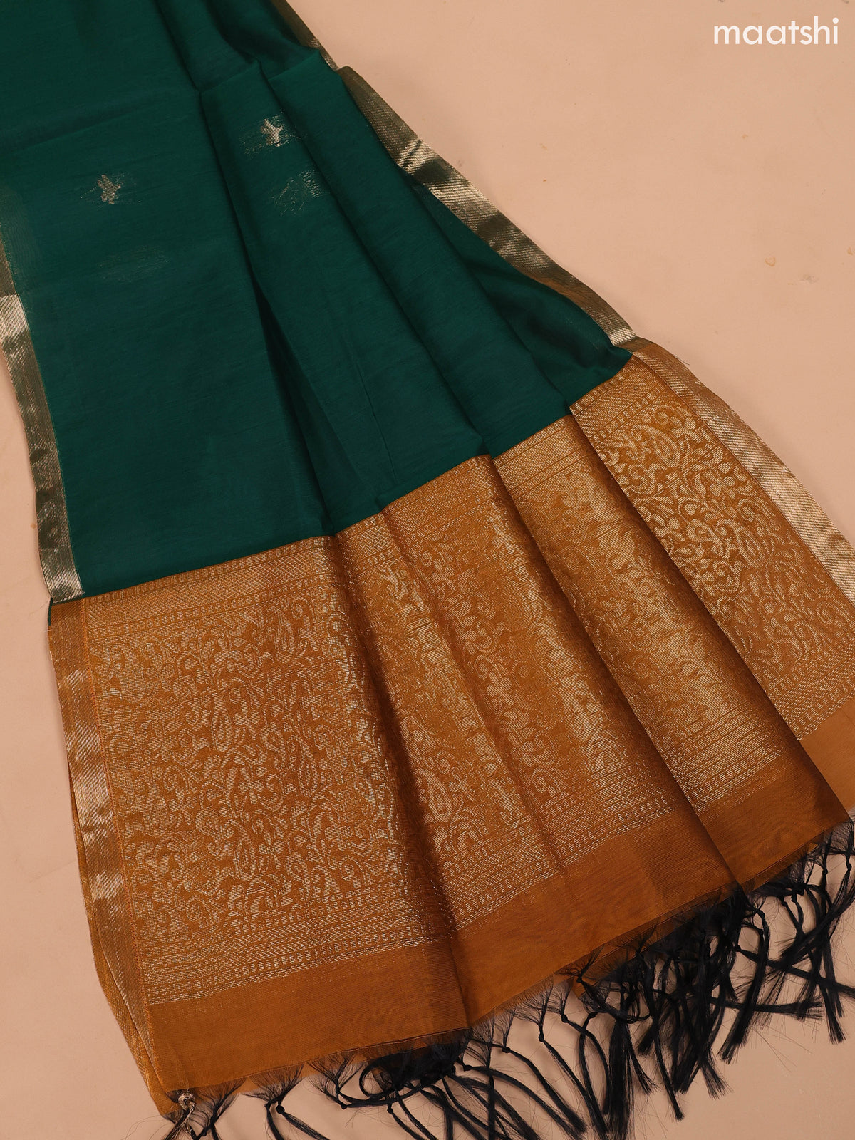 Mustard Yellow and Dark Green Semi Silk Cotton Dress Material With Zari Buttas and Bottom & Dupatta