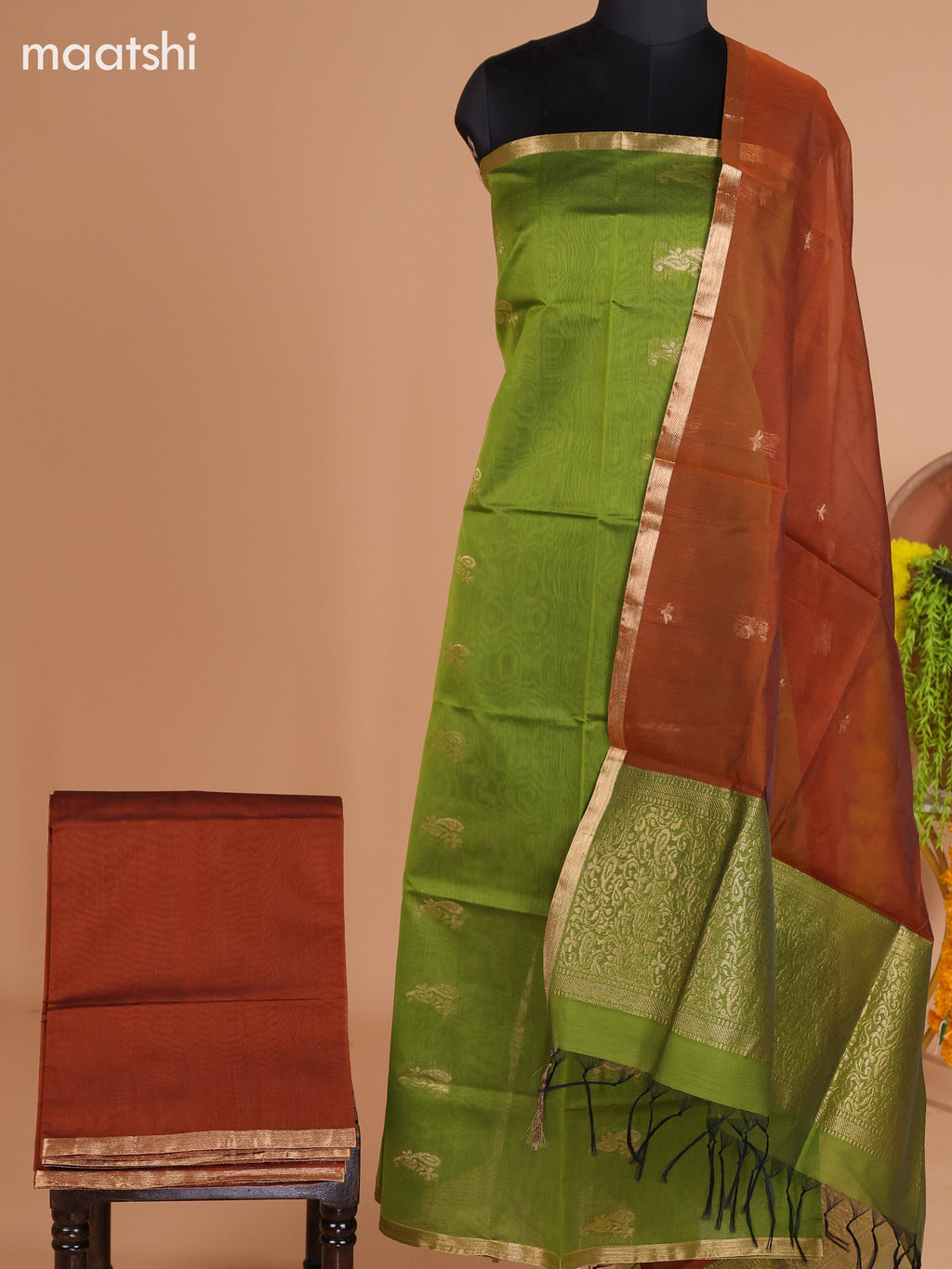 Mehendi Green and Dark Rust Semi Silk Cotton Dress Material With Zari Buttas and Bottom & Dupatta