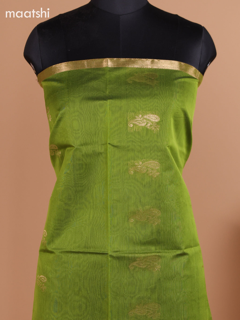 Mehendi Green and Dark Rust Semi Silk Cotton Dress Material With Zari Buttas and Bottom & Dupatta