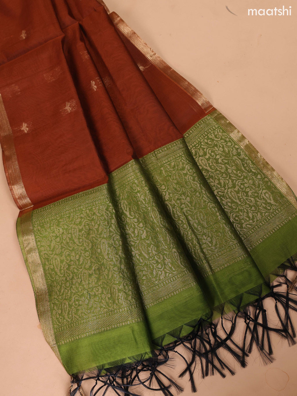 Mehendi Green and Dark Rust Semi Silk Cotton Dress Material With Zari Buttas and Bottom & Dupatta