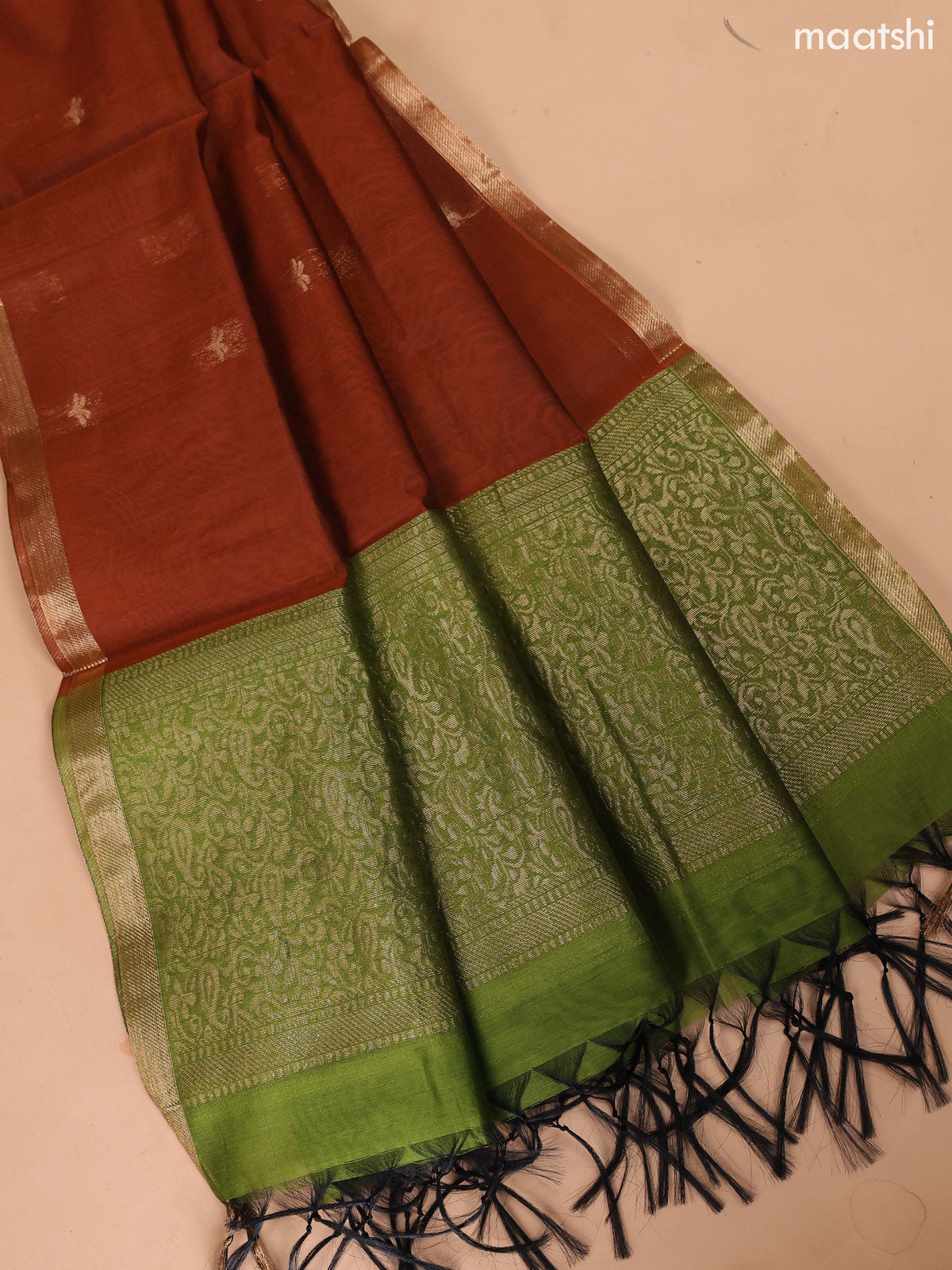 Mehendi Green and Dark Rust Semi Silk Cotton Dress Material With Zari Buttas and Bottom & Dupatta