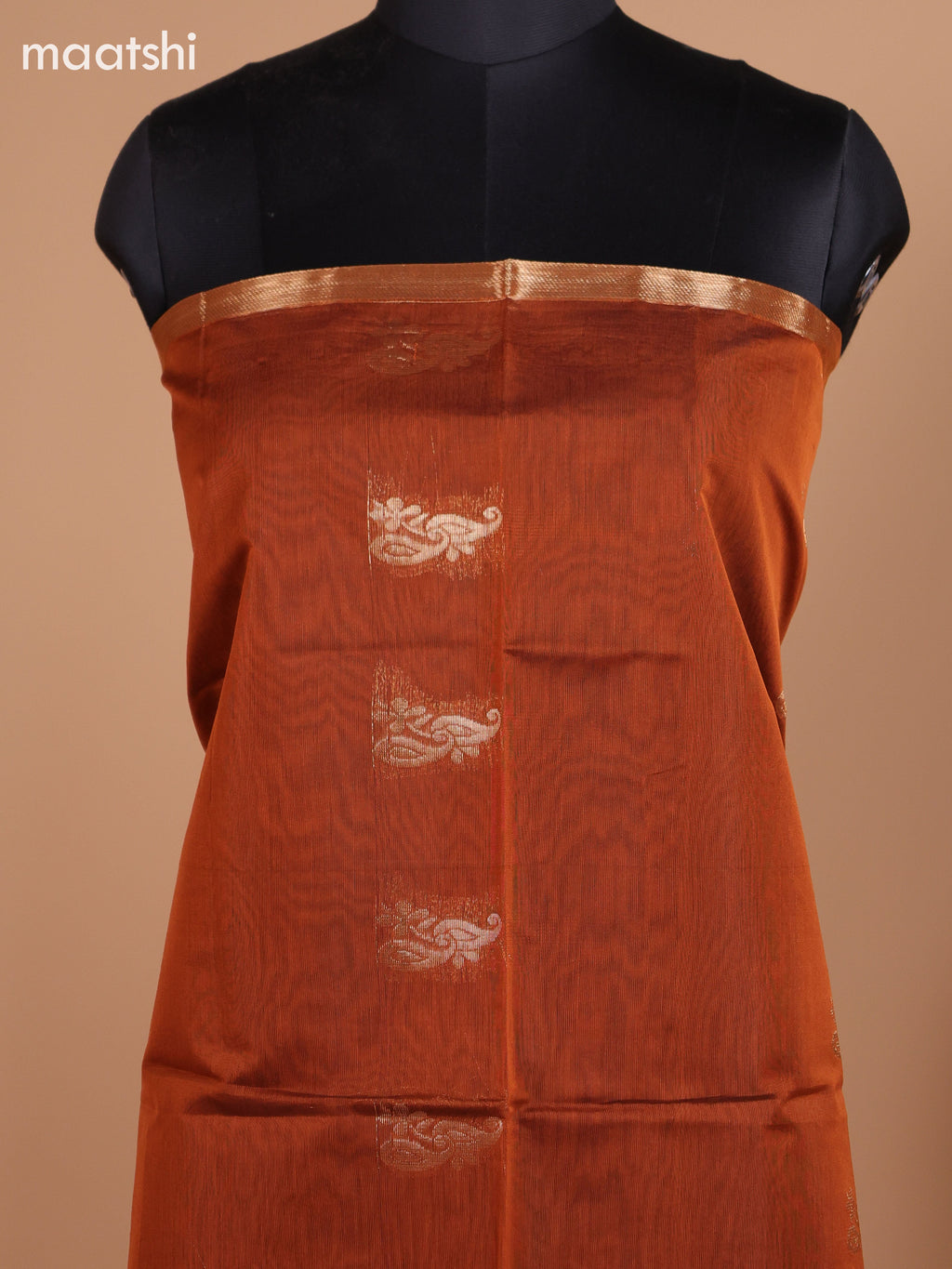 Dark Rust and Greyish Green Semi Silk Cotton Dress Material With Zari Buttas And Bottom & Dupatta
