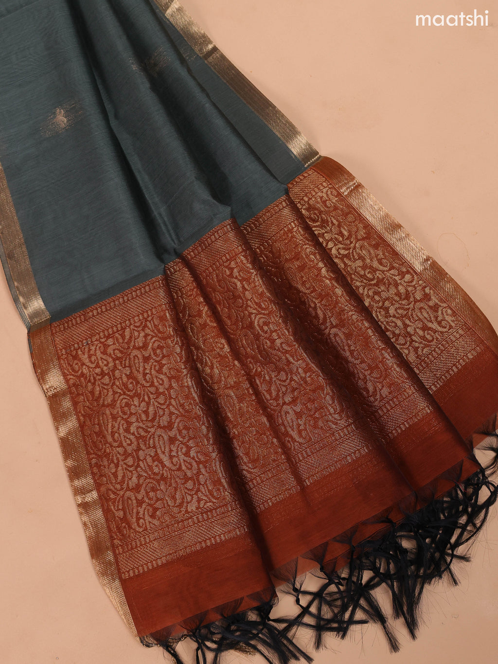 Dark Rust and Greyish Green Semi Silk Cotton Dress Material With Zari Buttas And Bottom & Dupatta