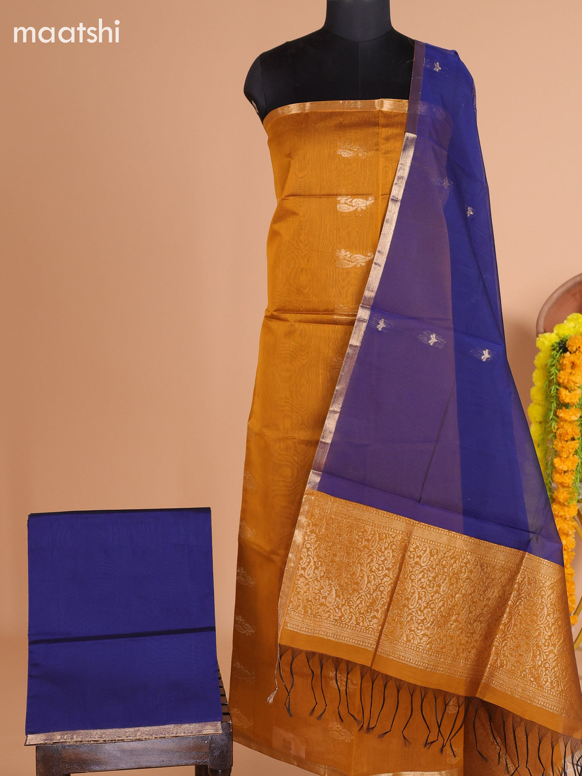 Mustard Yellow and Navy Blue Semi Silk Cotton Dress Material With Zari Buttas And Bottom & Dupatta