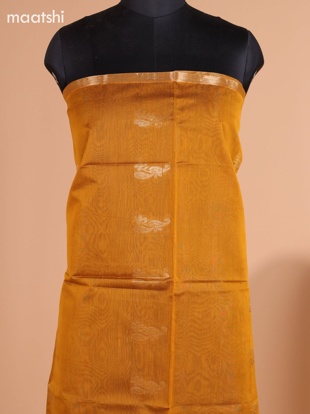 Mustard Yellow and Navy Blue Semi Silk Cotton Dress Material With Zari Buttas And Bottom & Dupatta