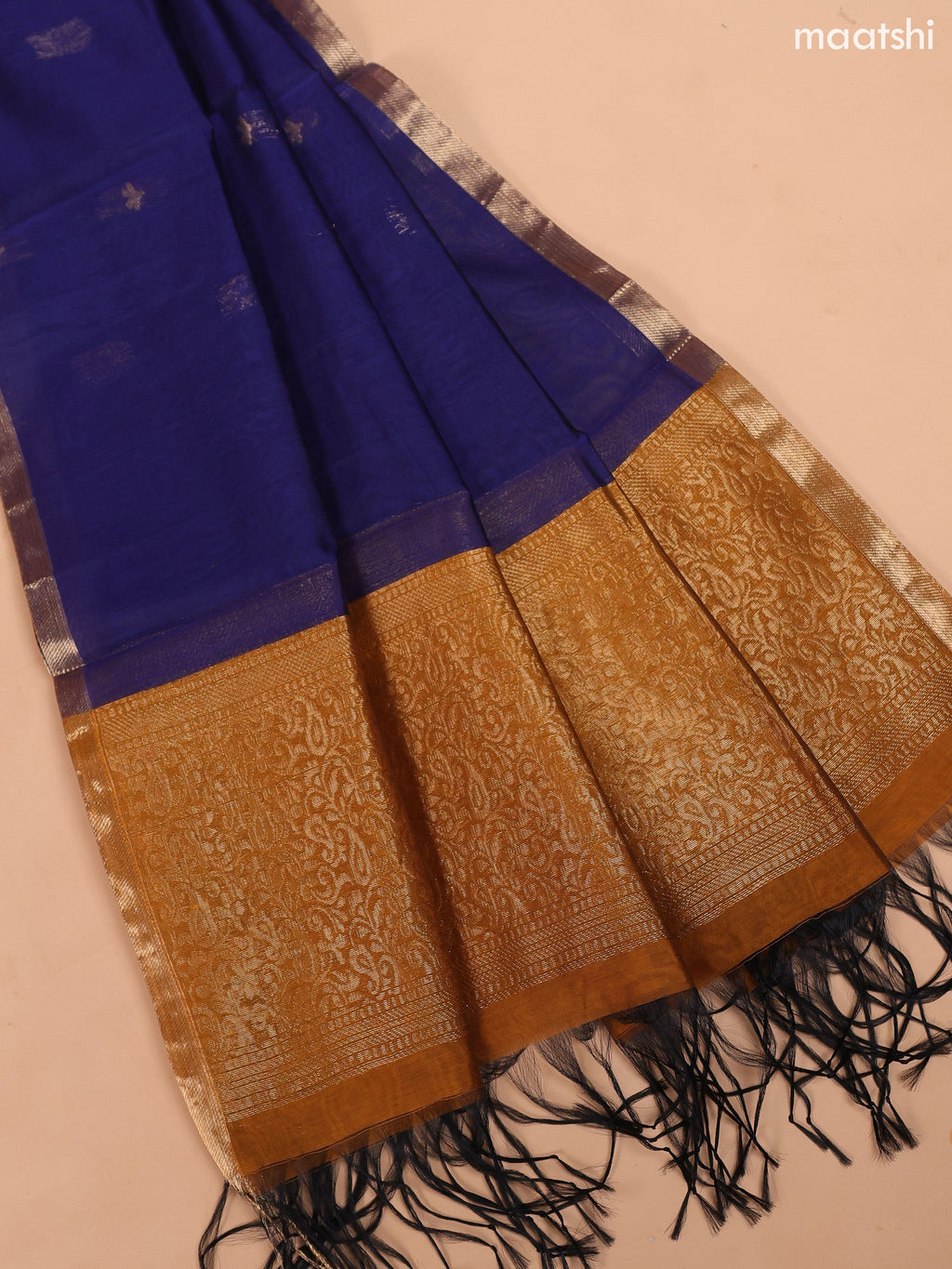 Mustard Yellow and Navy Blue Semi Silk Cotton Dress Material With Zari Buttas And Bottom & Dupatta