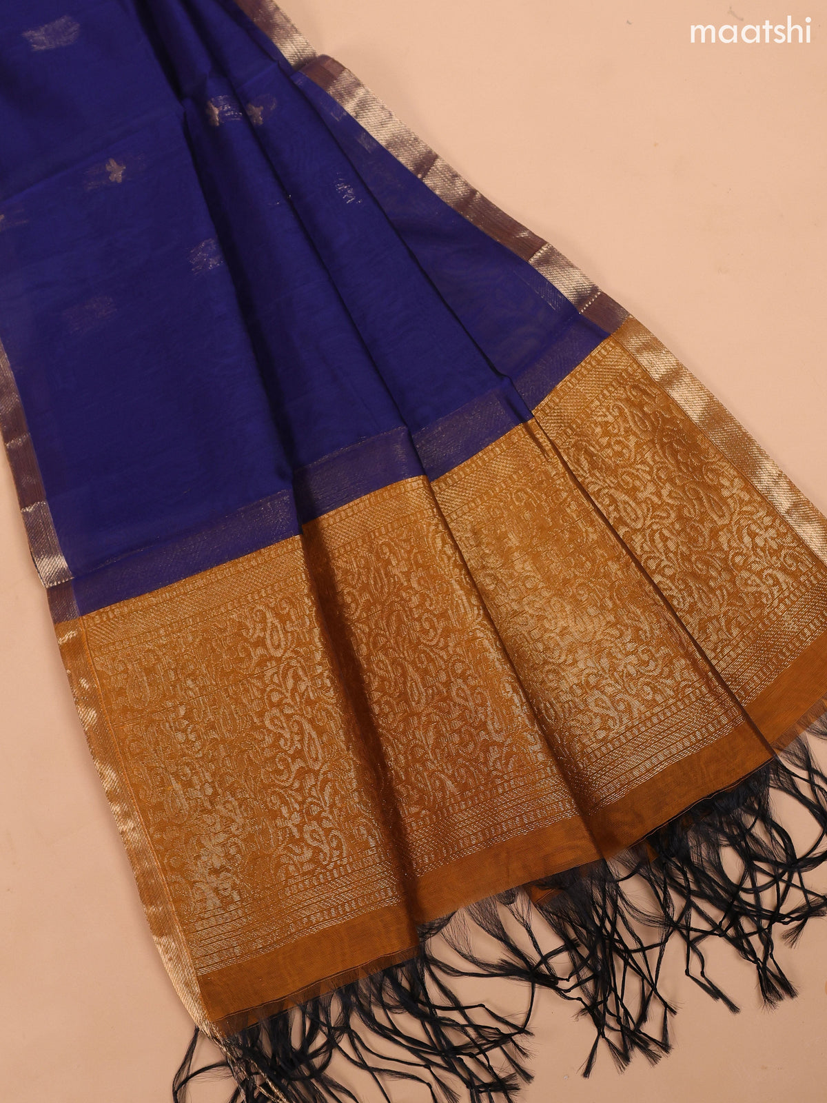 Mustard Yellow and Navy Blue Semi Silk Cotton Dress Material With Zari Buttas And Bottom & Dupatta