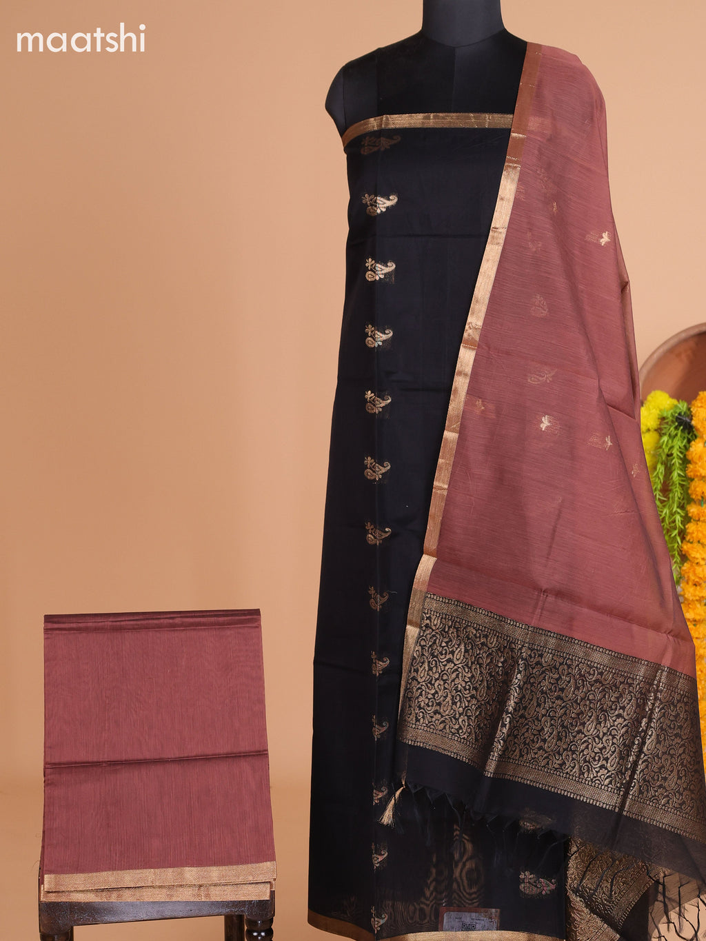 Black and Pastel Brown Semi Silk Cotton Dress Material With Zari Buttas And Bottom & Dupatta