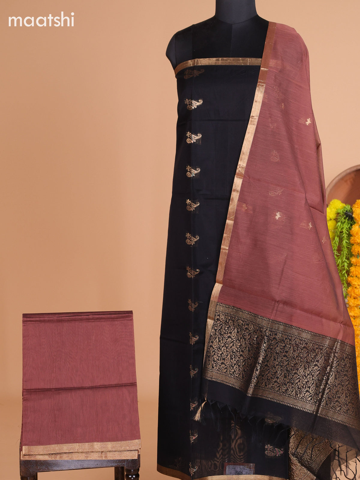 Black and Pastel Brown Semi Silk Cotton Dress Material With Zari Buttas And Bottom & Dupatta