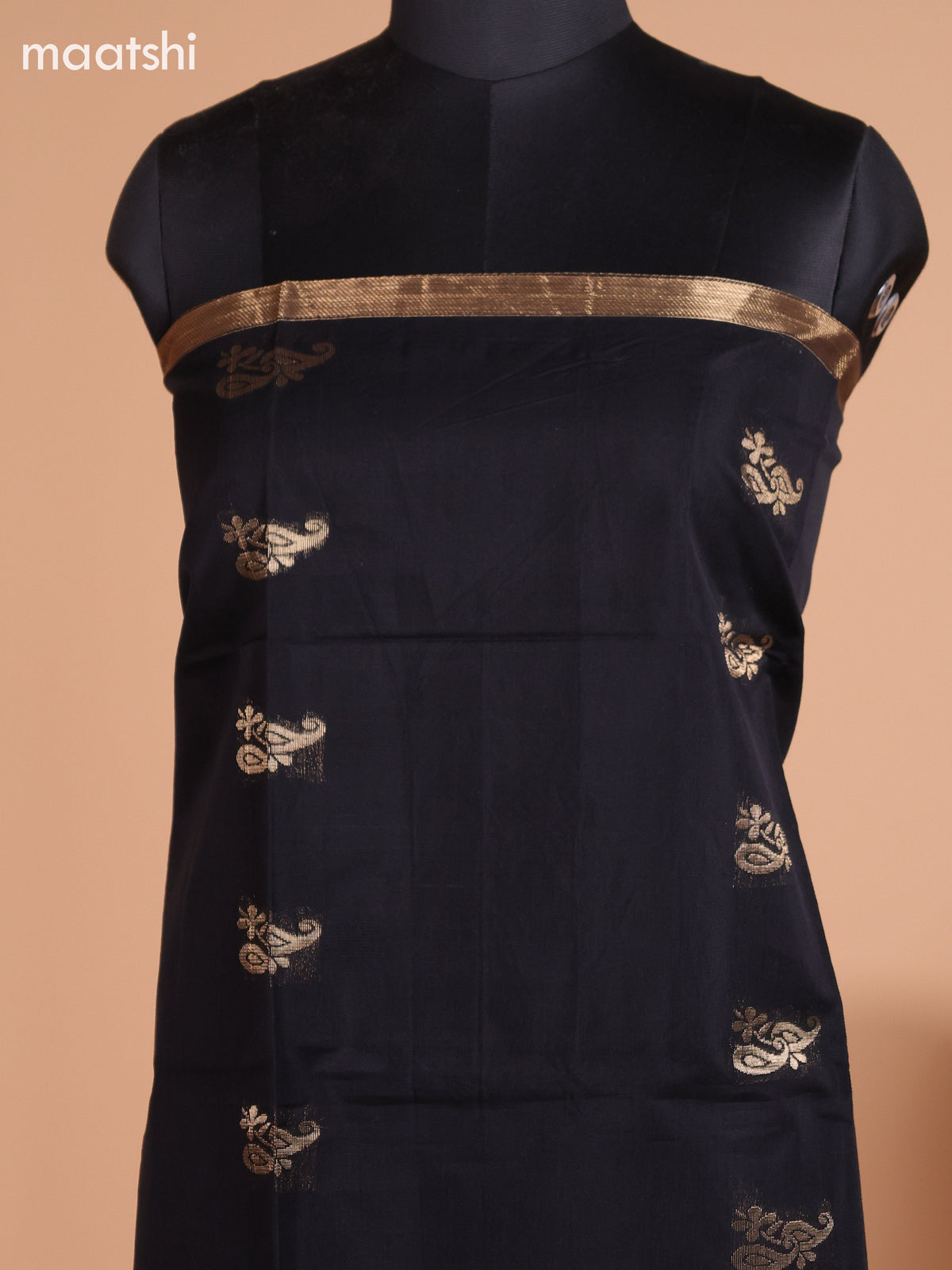 Black and Pastel Brown Semi Silk Cotton Dress Material With Zari Buttas And Bottom & Dupatta