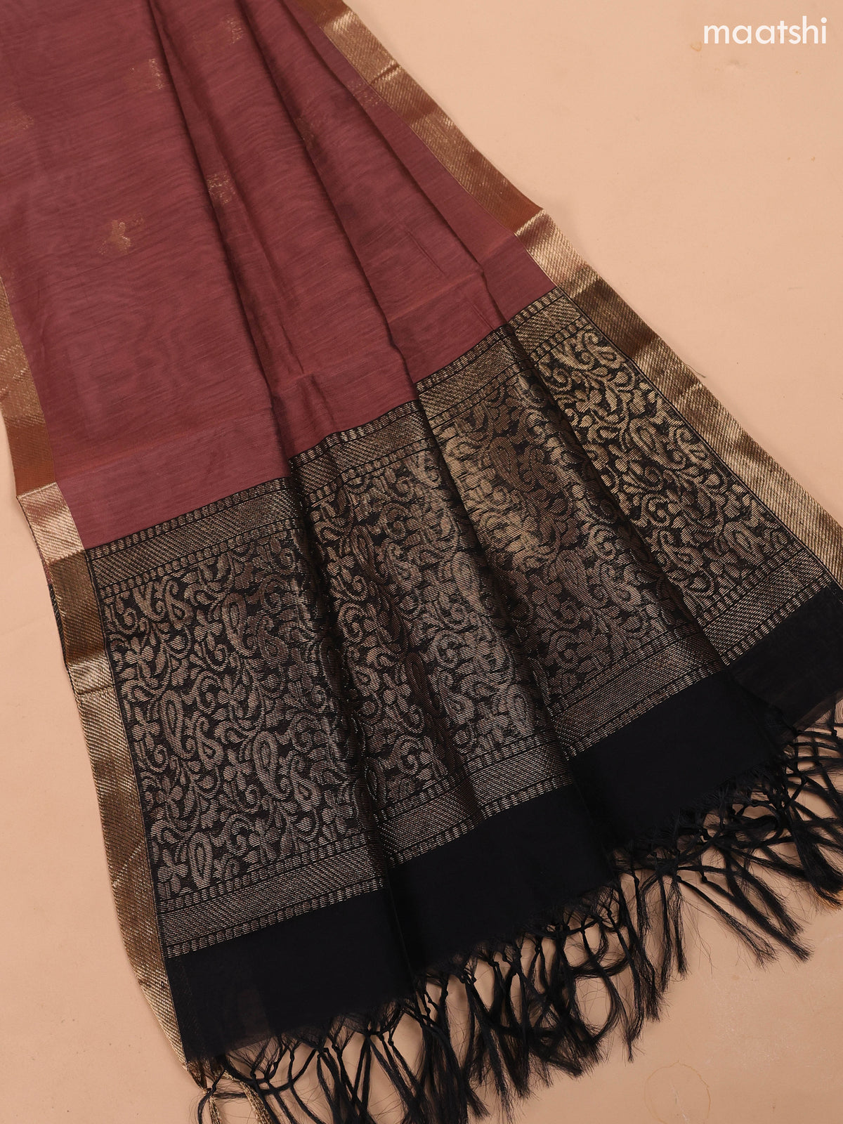 Black and Pastel Brown Semi Silk Cotton Dress Material With Zari Buttas And Bottom & Dupatta