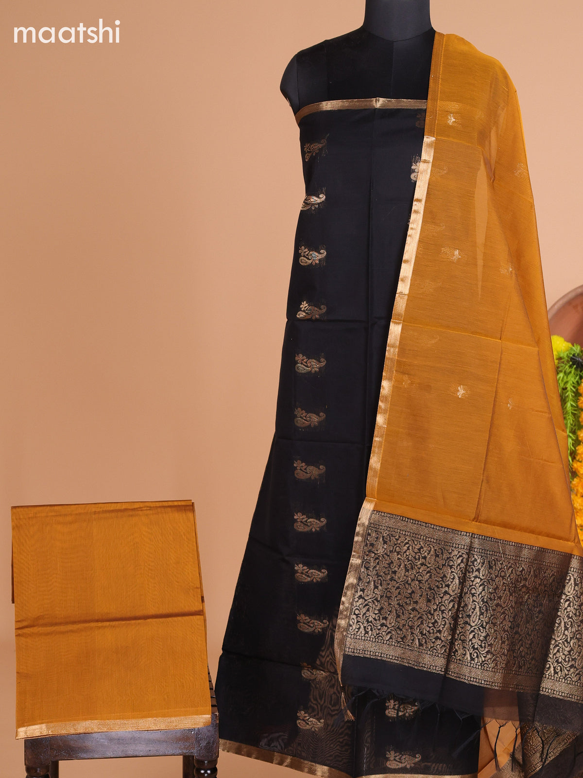 Black and Mustard Yellow Semi Silk Cotton Dress Material With Zari Buttas And Bottom & Dupatta