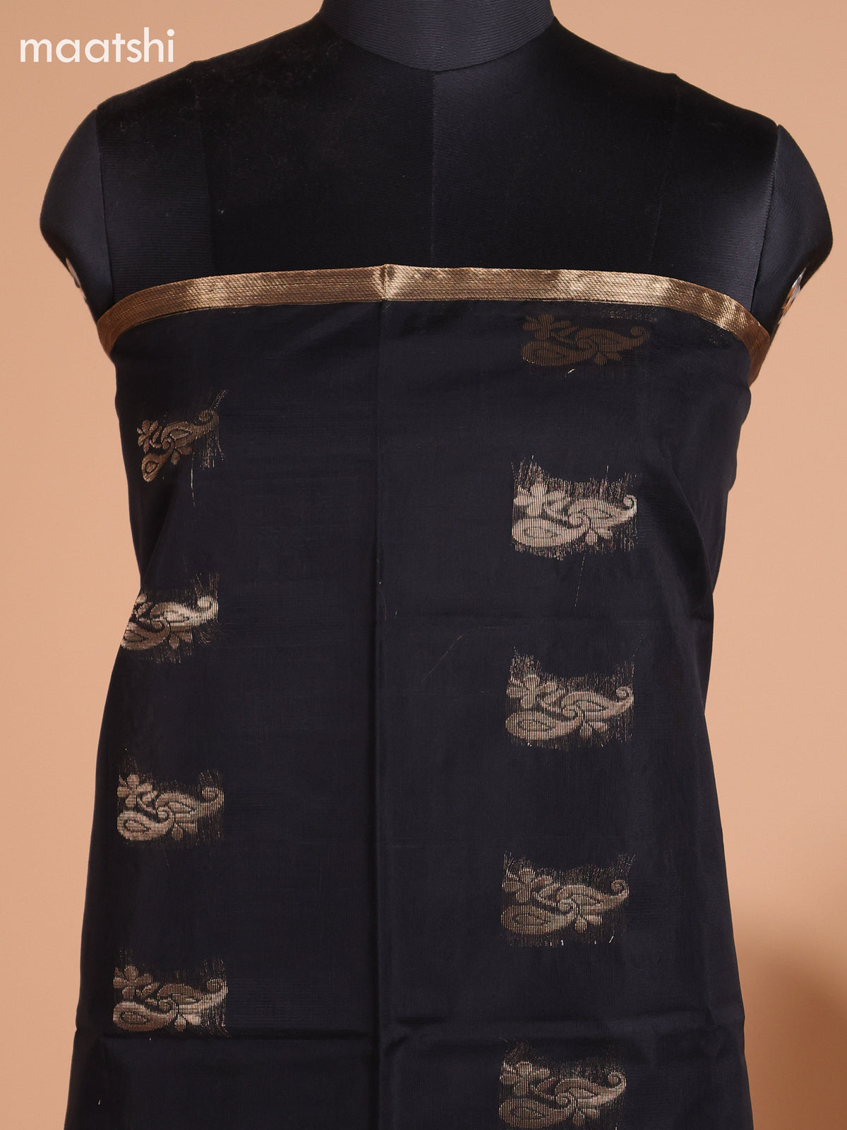 Black and Mustard Yellow Semi Silk Cotton Dress Material With Zari Buttas And Bottom & Dupatta
