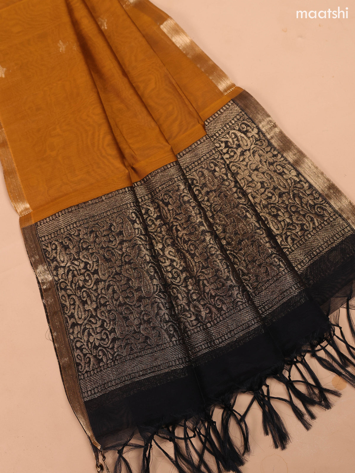 Black and Mustard Yellow Semi Silk Cotton Dress Material With Zari Buttas And Bottom & Dupatta