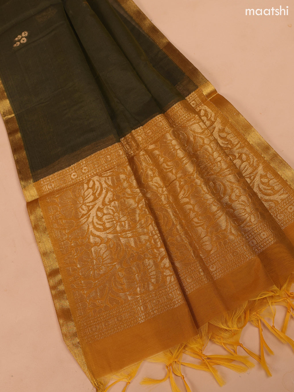 Mustard Yellow and Dark Mehendi Green Semi Silk Cotton Dress Material With Zari Buttas And Bottom & Dupatta