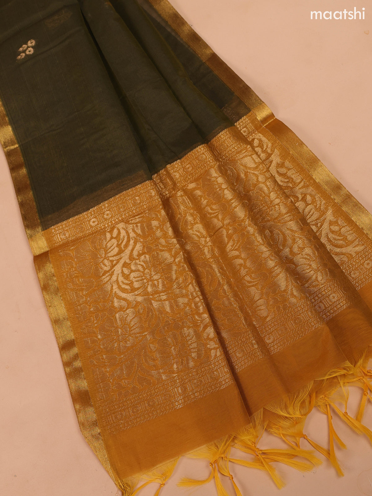 Mustard Yellow and Dark Mehendi Green Semi Silk Cotton Dress Material With Zari Buttas And Bottom & Dupatta