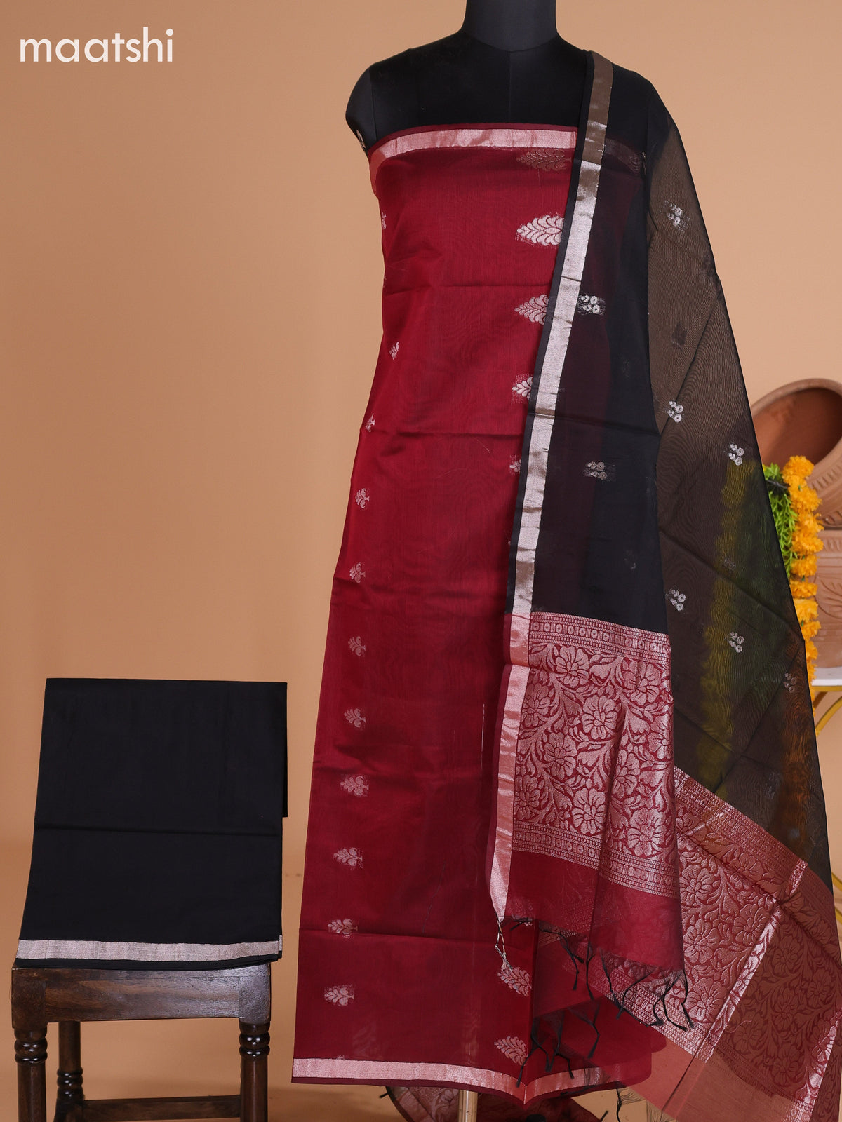 Maroon and Black Semi Silk Cotton Dress Material With Zari Buttas And Bottom & Dupatta