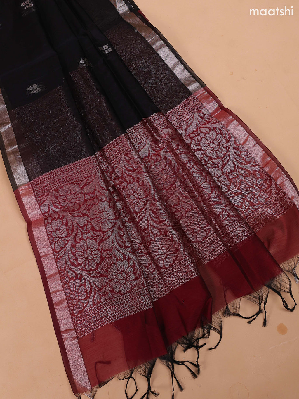Maroon and Black Semi Silk Cotton Dress Material With Zari Buttas And Bottom & Dupatta