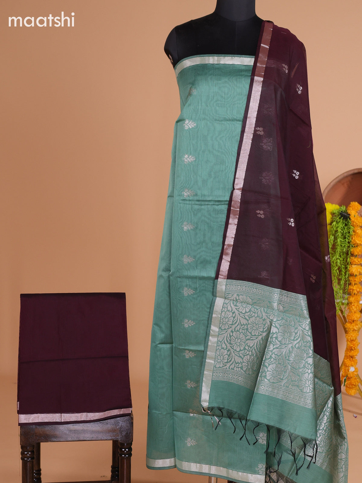 Pastel Green and Deep Maroon Semi Silk Cotton Dress Material With Zari Buttas And Bottom & Dupatta