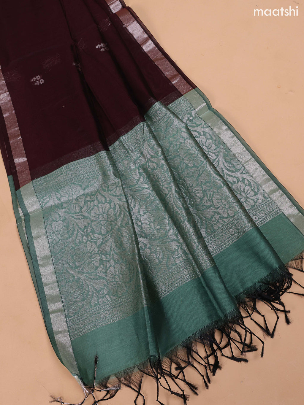 Pastel Green and Deep Maroon Semi Silk Cotton Dress Material With Zari Buttas And Bottom & Dupatta
