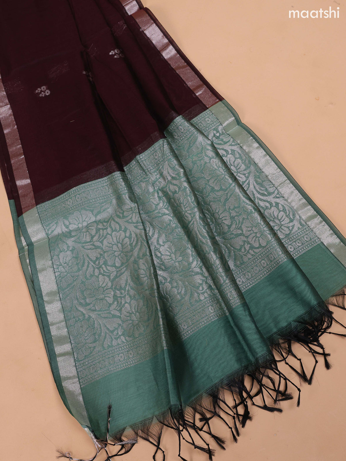 Pastel Green and Deep Maroon Semi Silk Cotton Dress Material With Zari Buttas And Bottom & Dupatta