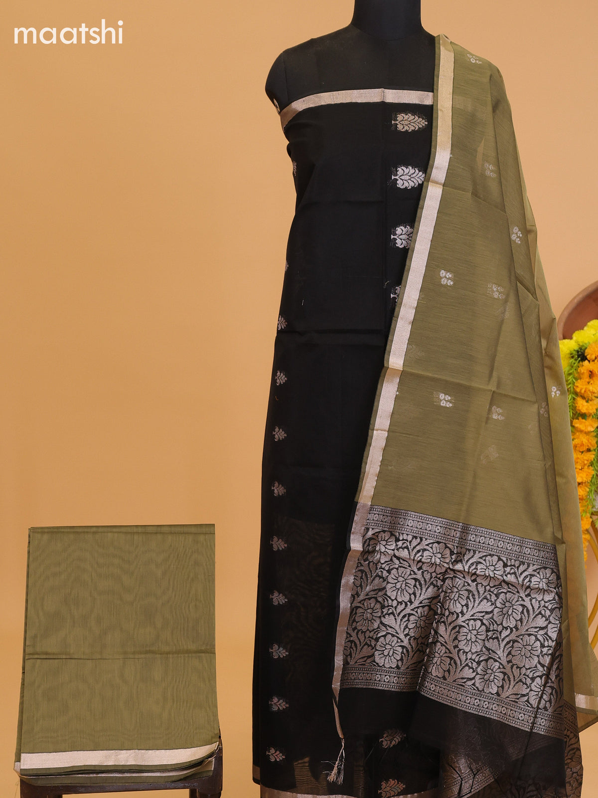 Black and Elaichi Green Semi Silk Cotton Dress Material With Zari Buttas And Bottom & Dupatta