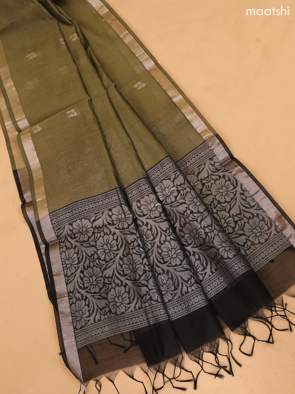 Black and Elaichi Green Semi Silk Cotton Dress Material With Zari Buttas And Bottom & Dupatta