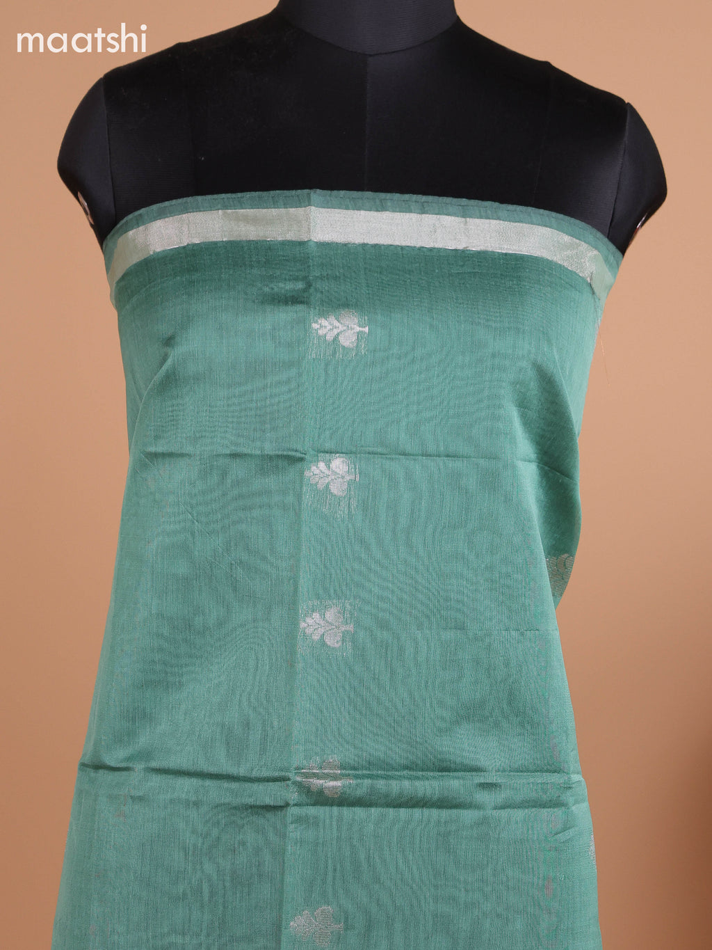 Pastel Green and Rustic Orange Semi Silk Cotton Dress Material With Zari Buttas And Bottom & Dupatta
